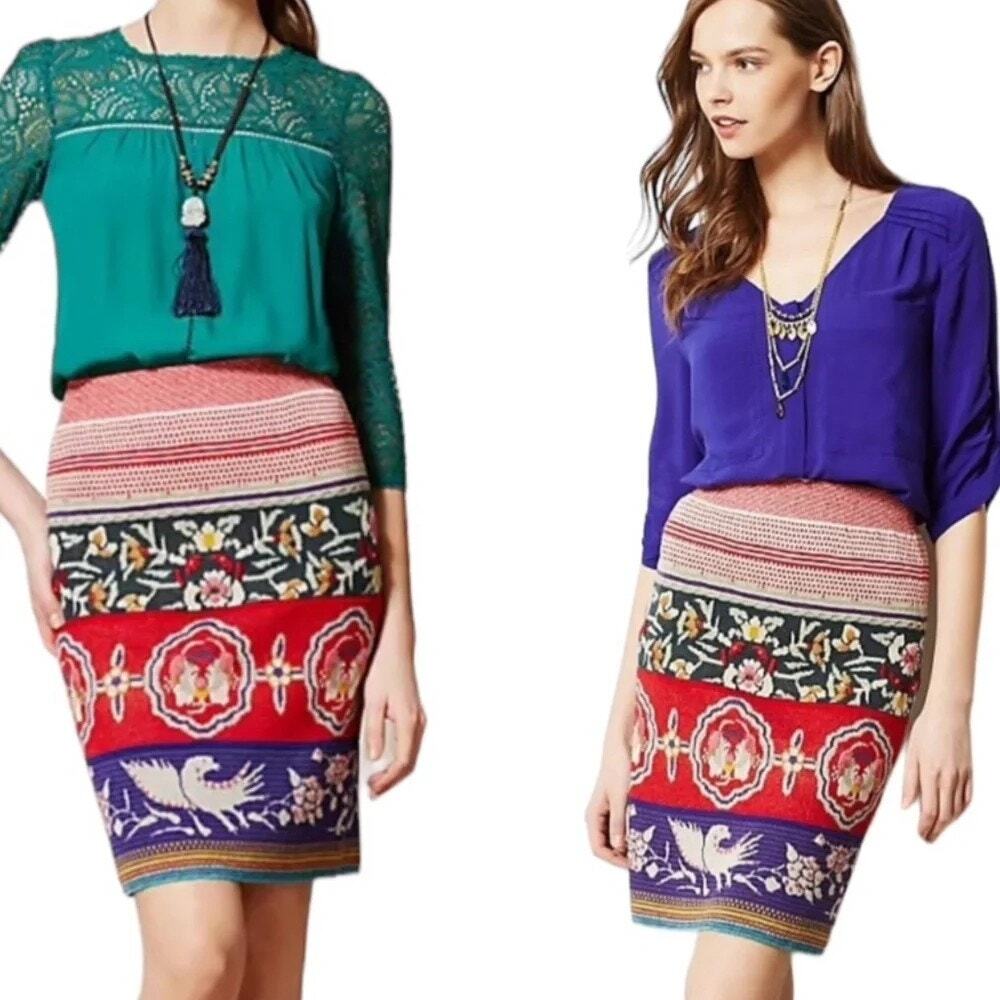 Anthropologie Moth Chava Folk Bird Floral Embroidered Sweater Pencil Skirt-  XS